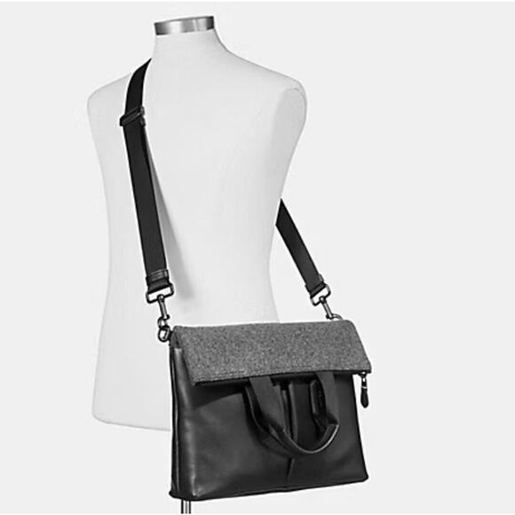 Rare Coach Leather Fold Over Tote Bag With Wool Graphite Colors (COACH F55408) - Picture 2 of 4
